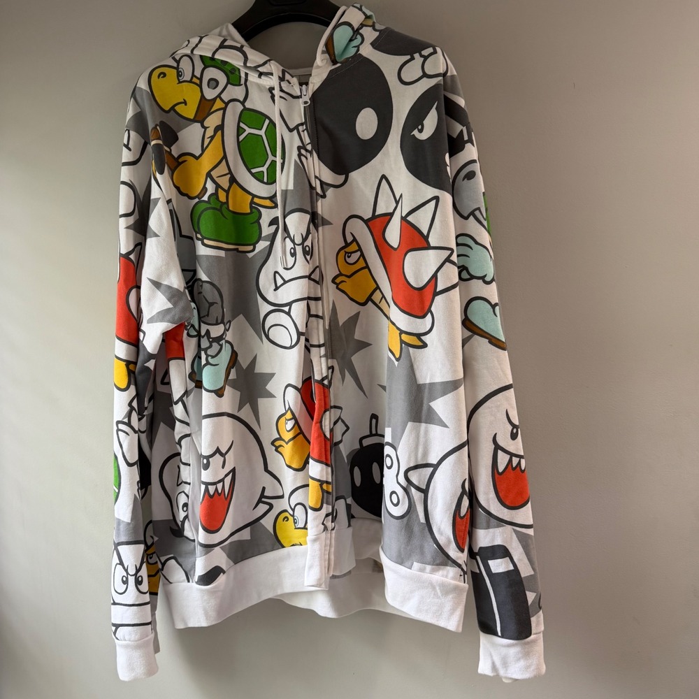 Nintendo Super Mario Zip-Up Hoodie Mens XXL White All Over Print 2011 Excellent